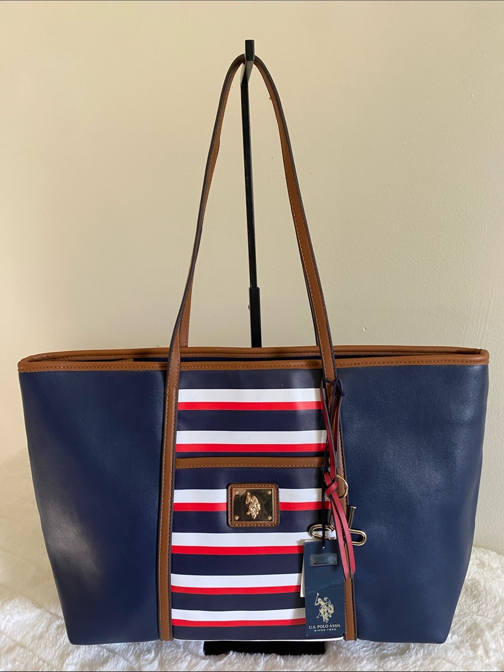 US Pollo Assn. Faux Leather Stripe Tote Bag in Red, White, rrand Navy Blue 🇺🇸